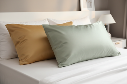 2 silk pillows, comfortably looking on a bed. One gold one sage green